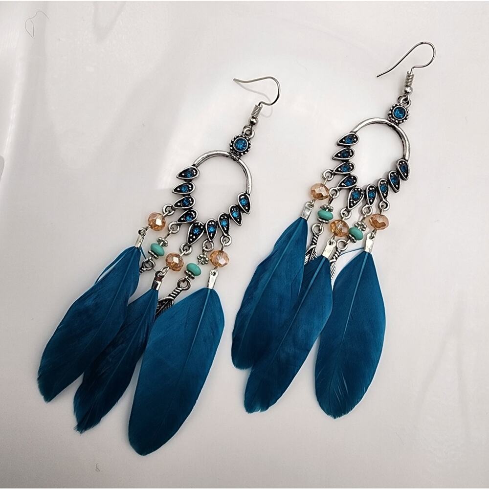 Siren's Wing Silver Blue Boho Feather Earrings - Picture 3 of 4